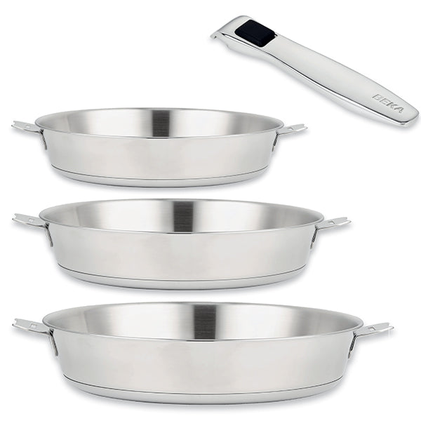 Lot 3 poêles tout inox Evolution 20, 24 et 28 cm et manche amovible Beka - Mathon - 1