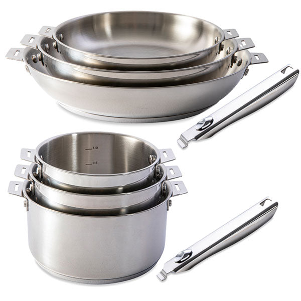Lot 3 casseroles et 3 poêles tout inox Clips’Inox et 2 manches amovibles Mathon - Mathon - 1