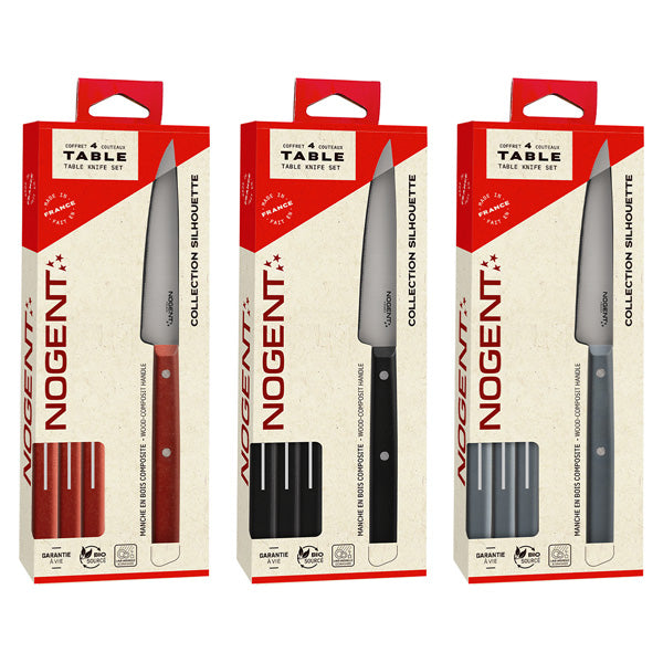 Lot de 3 coffrets de 4 couteaux de table Silhouette rouge vin, bleu-gris et noir Nogent - Mathon